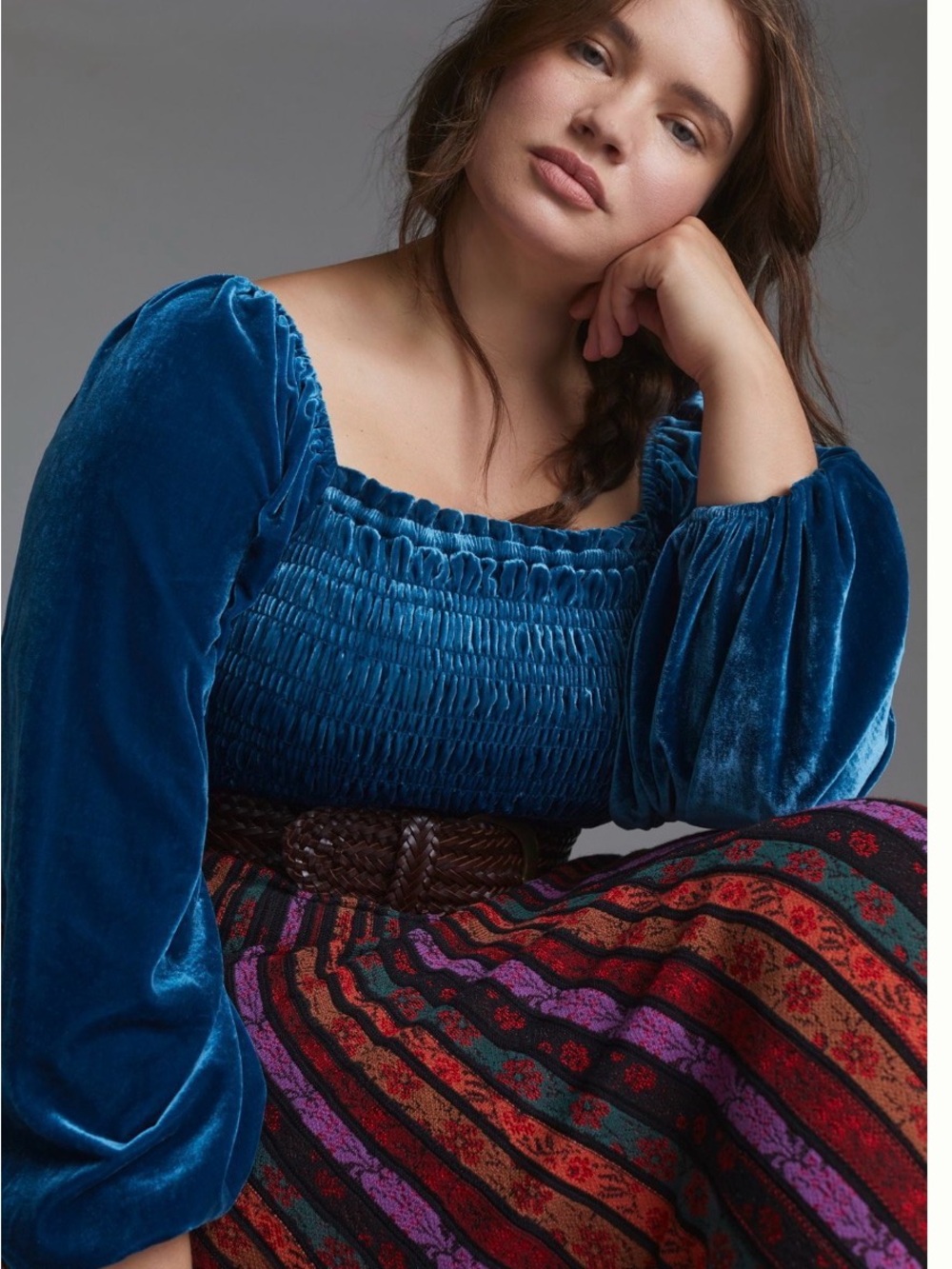 Anthropologie Velvet Smocked Square-Neck Top in Teal Blue